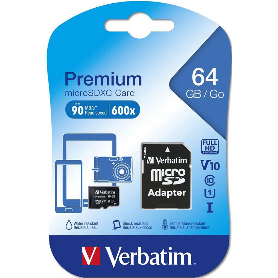 Image for VERBATIM MICROSD CARD WITH ADAPTER 64GB BLACK from MOE Office Products Depot Mackay & Whitsundays