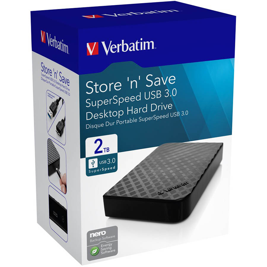 Image for VERBATIM STORE-N-SAVE GRID DESIGN USB 3.0 DESKTOP HARD DRIVE 2TB BLACK from Albany Office Products Depot