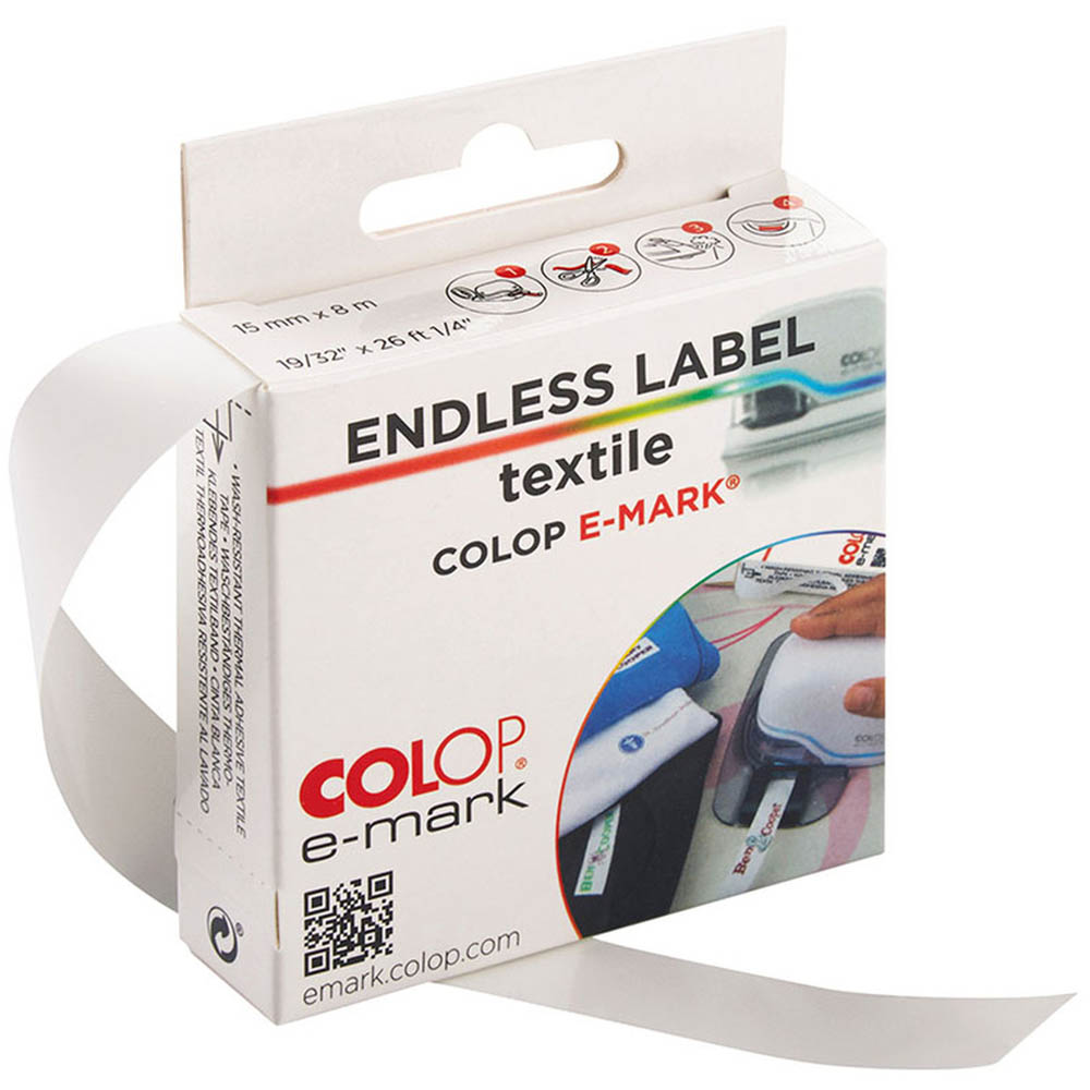 Image for COLOP E-MARK ENDLESS LABEL 14MM X 8M TEXTILE WHITE from Ross Office Supplies Office Products Depot