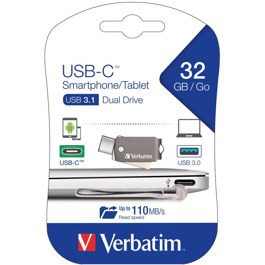 Image for VERBATIM USB-C SMARTPHONE TABLET DUAL FLASH DRIVE USB 32GB GREY from MOE Office Products Depot Mackay & Whitsundays