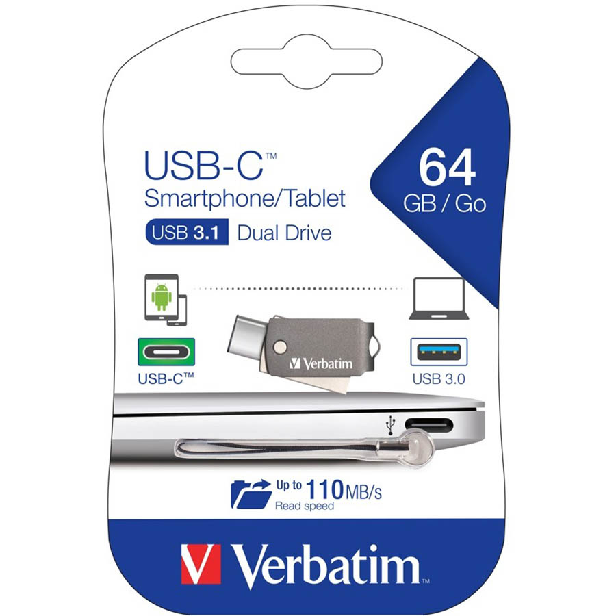Image for VERBATIM USB-C SMARTPHONE TABLET DUAL FLASH DRIVE USB 64GB GREY from MOE Office Products Depot Mackay & Whitsundays
