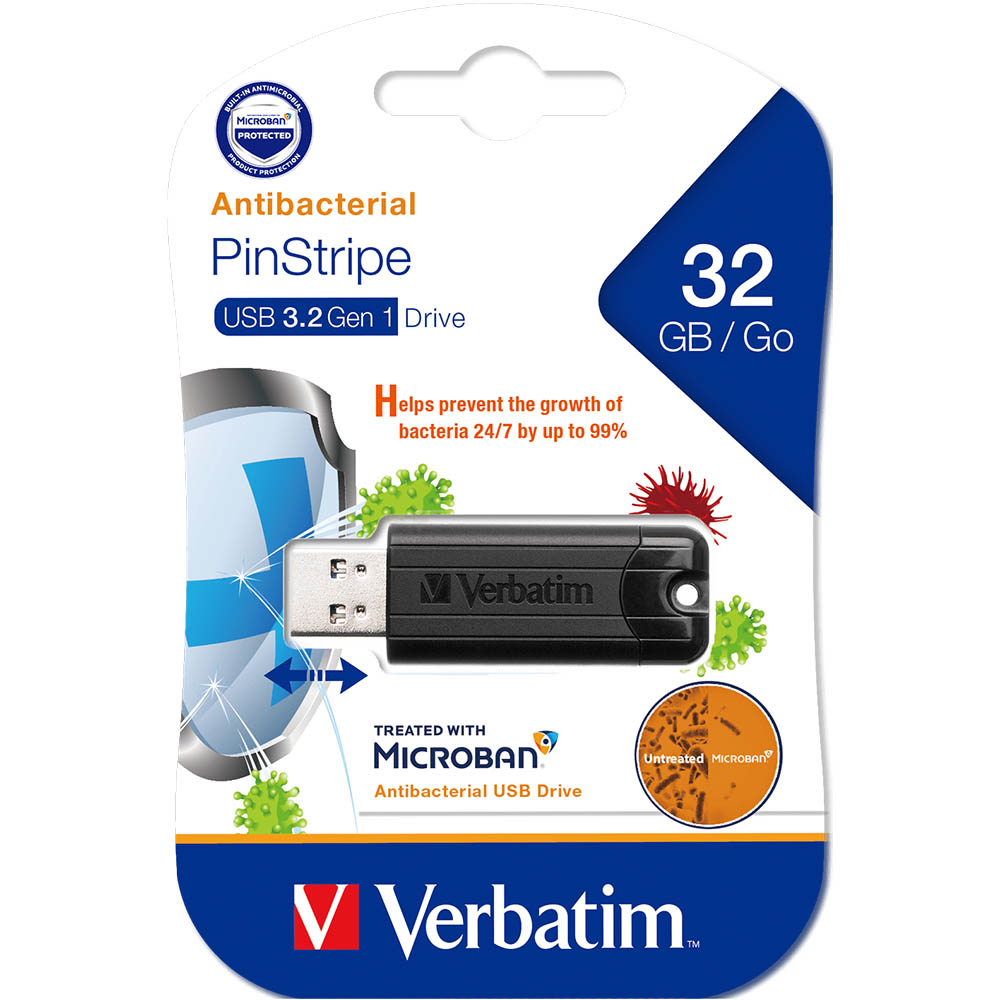 Image for VERBATIM MICROBAN STORE-N-GO PINSTRIPE USB FLASH DRIVE 3.0 32GB BLACK from MOE Office Products Depot Mackay & Whitsundays