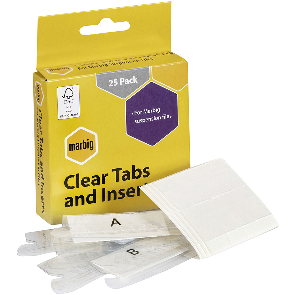 Image for MARBIG SUSPENSION FILE CLEAR TABS AND INSERTS PACK 25 from Total Supplies Pty Ltd