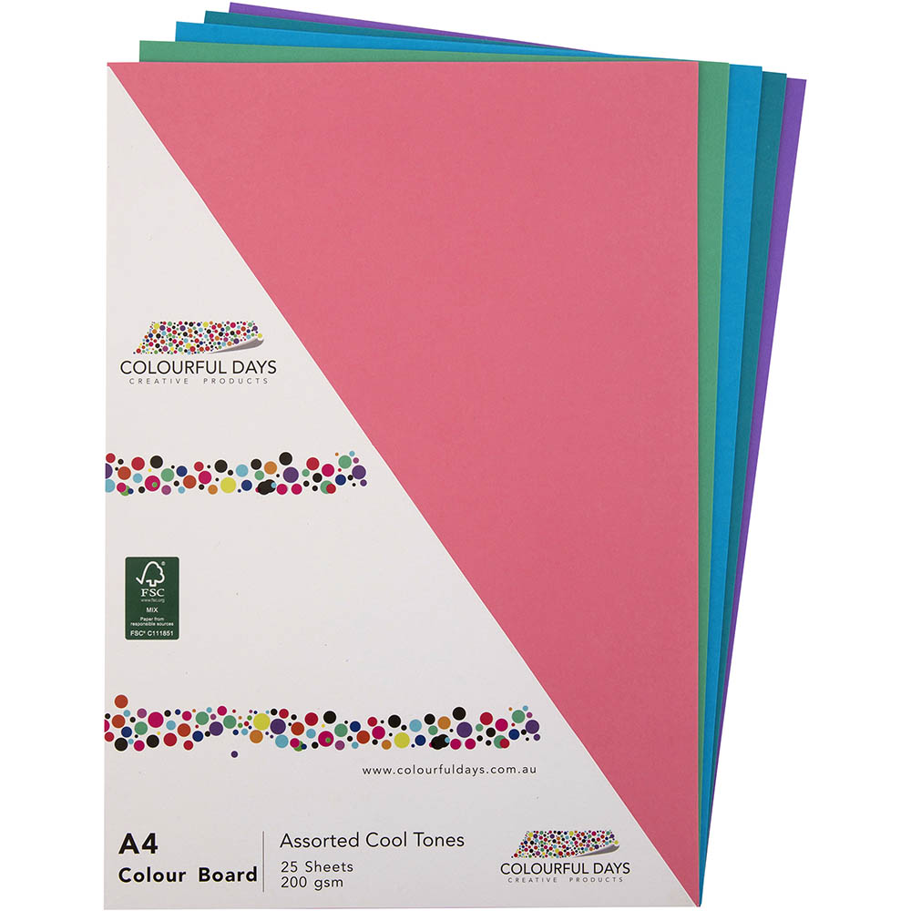 Image for COLOURFUL DAYS COLOURBOARD 200GSM A4 COOL ASSORTED COLOURS PACK 25 from Office Products Depot