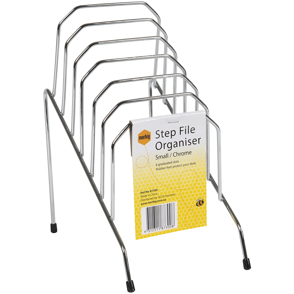 Image for MARBIG STEP FILE WIRE ORGANISER RACK 6 SLOTS SMALL CHROME from Premier Stationers Office Products Depot