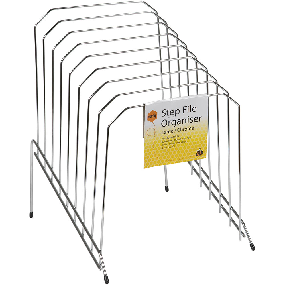 Image for MARBIG STEP FILE WIRE ORGANISER RACK 8 SLOTS LARGE CHROME from Albany Office Products Depot