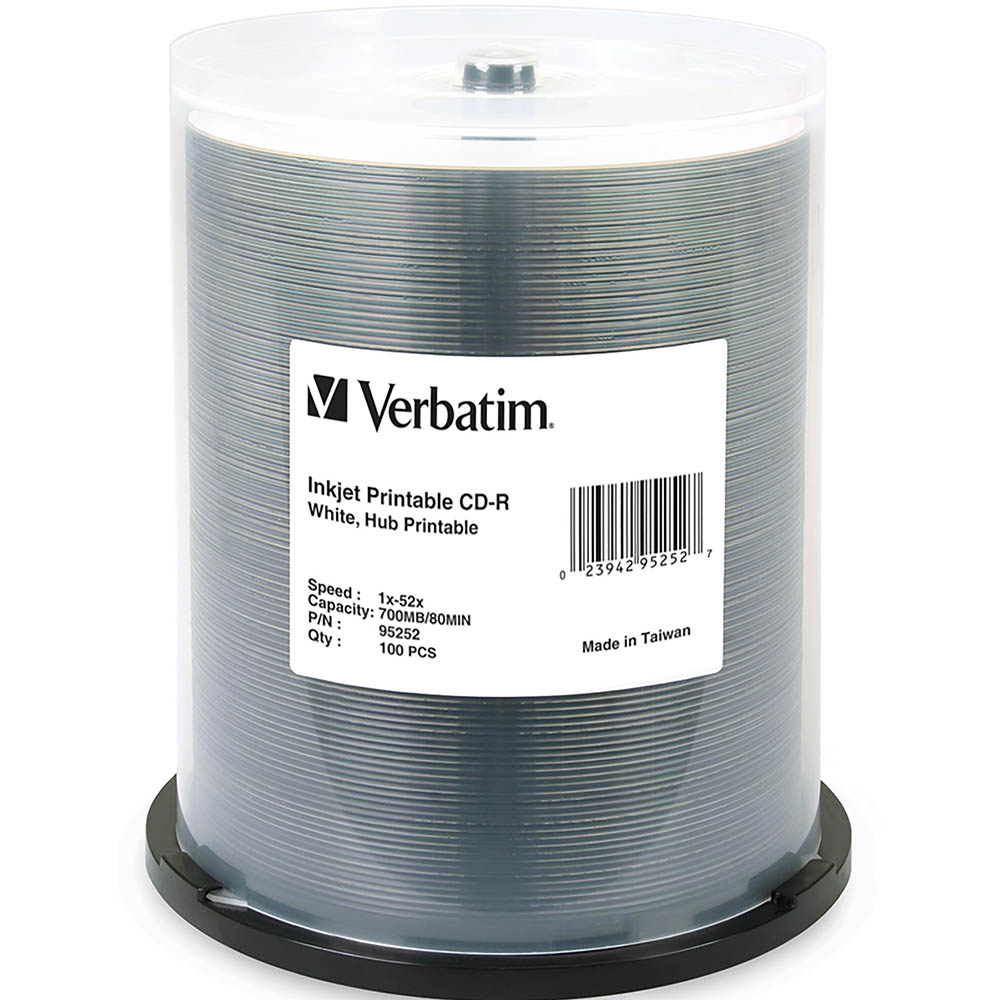 Image for VERBATIM CD-R 700MB 52X PRINTABLE SPINDLE WHITE PACK 100 from Barkers Rubber Stamps & Office Products Depot