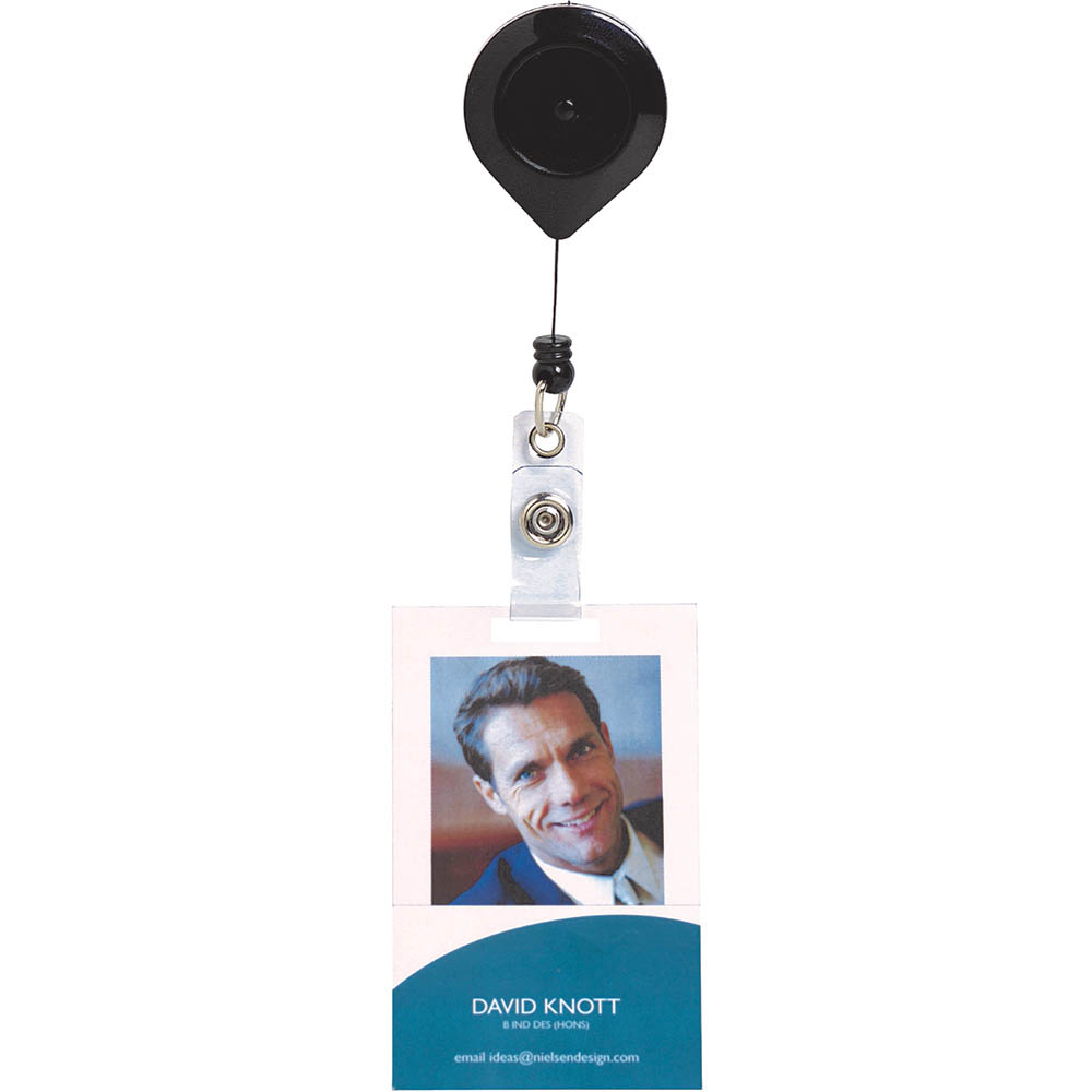 Image for REXEL ID RETRACTABLE ID CARD HOLDER REEL LOCKABLE BLACK from Barkers Rubber Stamps & Office Products Depot