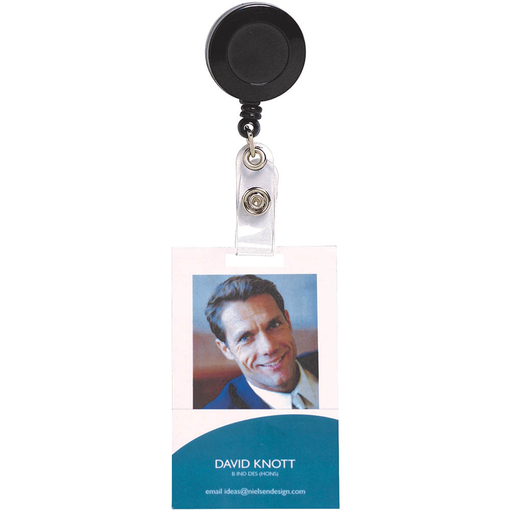 Image for REXEL ID RETRACTABLE CARD HOLDER REEL BLACK HANGSELL from MOE Office Products Depot Mackay & Whitsundays