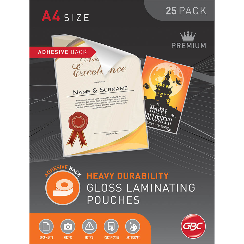 Image for GBC ADHESIVE LAMINATING POUCH 125 MICRON A4 CLEAR BOX 25 from MOE Office Products Depot Mackay & Whitsundays