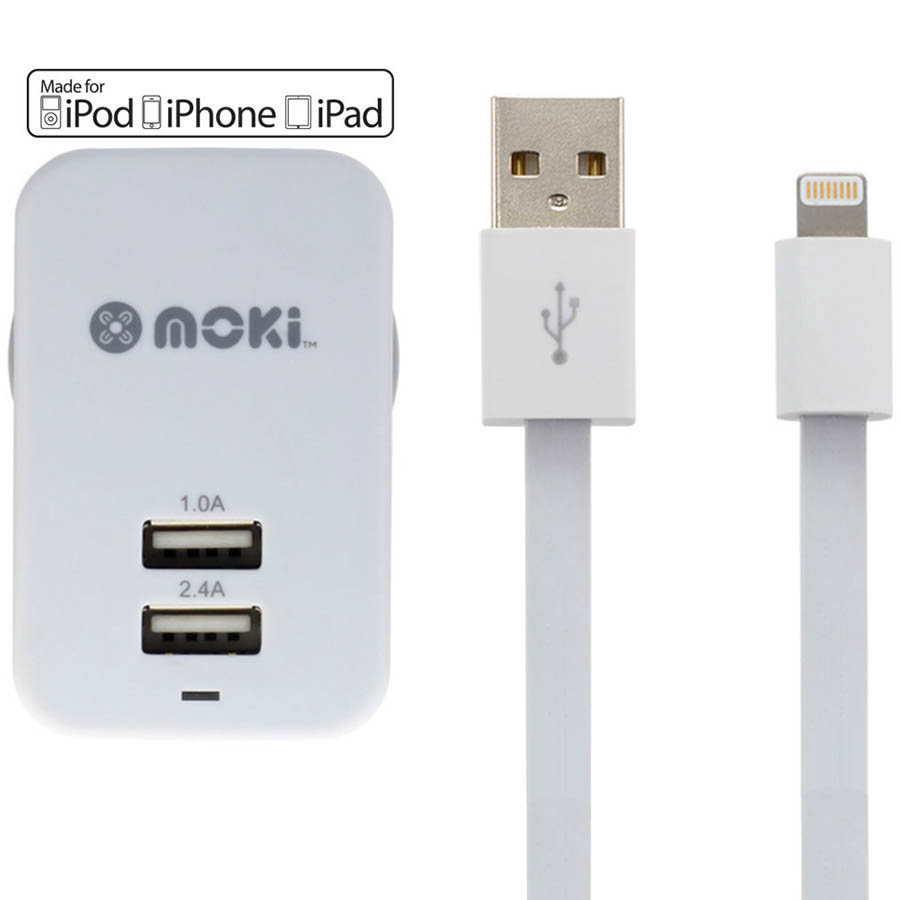 Image for MOKI WALL CHARGER AND SYNCHARGE CABLE USB-A TO LIGHTNING 150MM WHITE from Office Products Depot