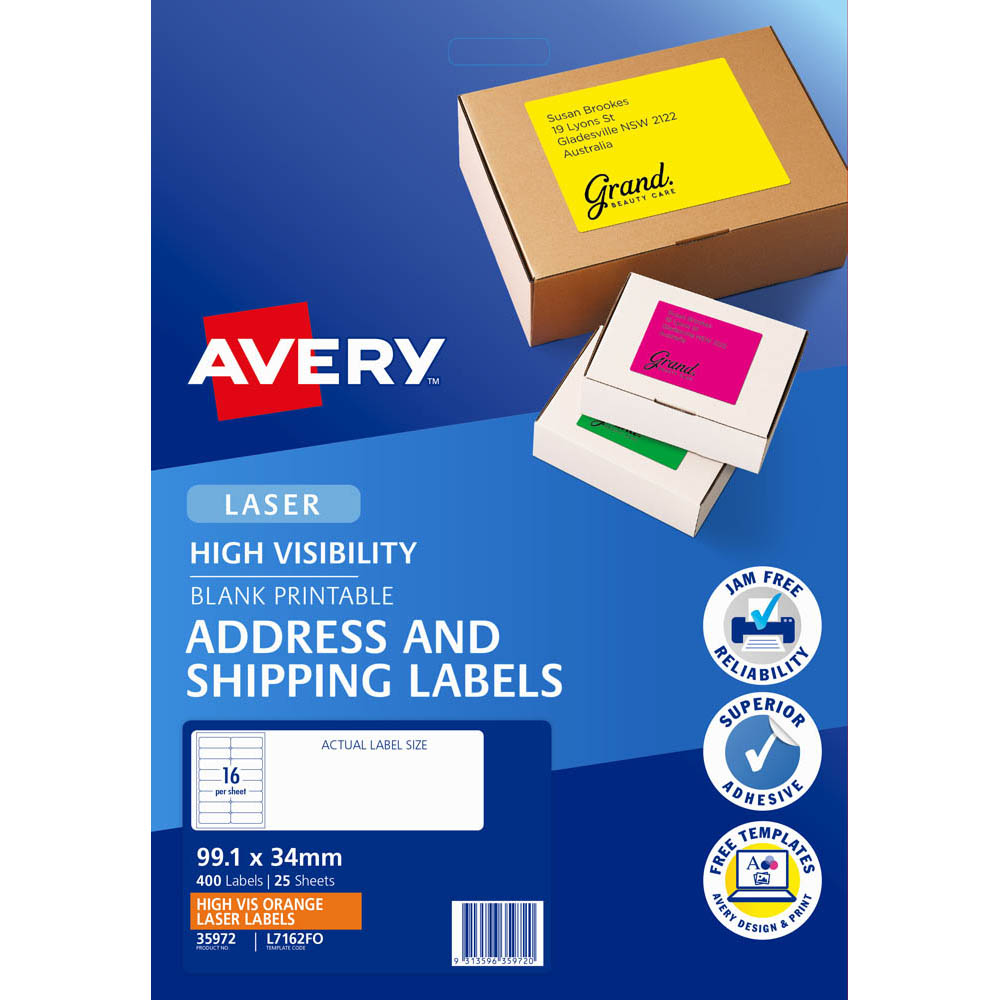 Image for AVERY 35972 L7162FO HIGH VISIBILITY SHIPPING LABEL LASER 16UP FLUORO ORANGE PACK 25 from Office Products Depot