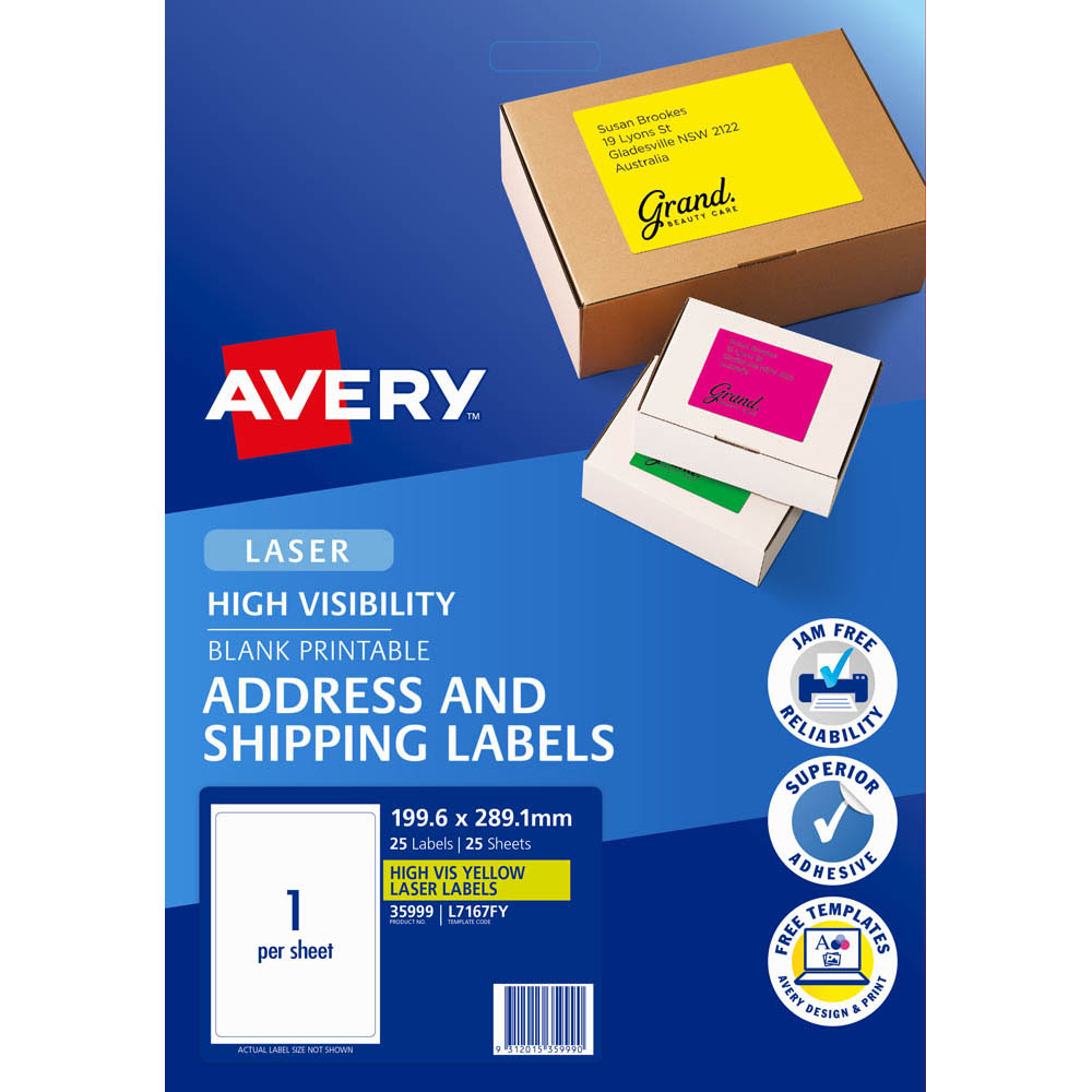 Image for AVERY 35999 L7167FY HIGH VISIBILITY SHIPPING LABEL LASER 1UP FLUORO YELLOW PACK 25 from Office Products Depot