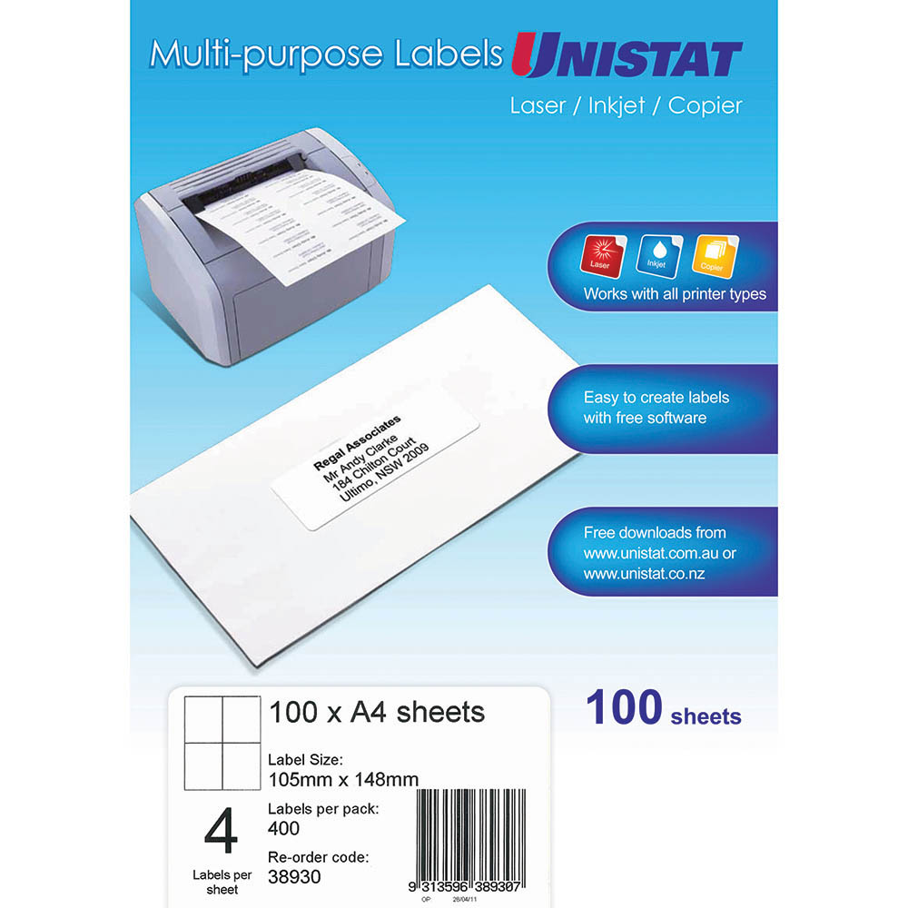 Image for UNISTAT 38930 MULTI-PURPOSE LABEL 4UP 105 X 148MM WHITE PACK 100 from MOE Office Products Depot Mackay & Whitsundays