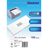 unistat 38930 multi-purpose label 4up 105 x 148mm white pack 100