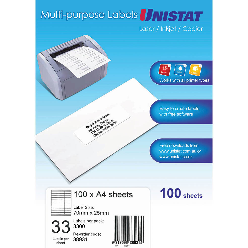 Image for UNISTAT 38931 MULTI-PURPOSE LABEL 33UP 70 X 25MM WHITE PACK 100 from Total Supplies Pty Ltd
