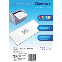 unistat 38931 multi-purpose label 33up 70 x 25mm white pack 100