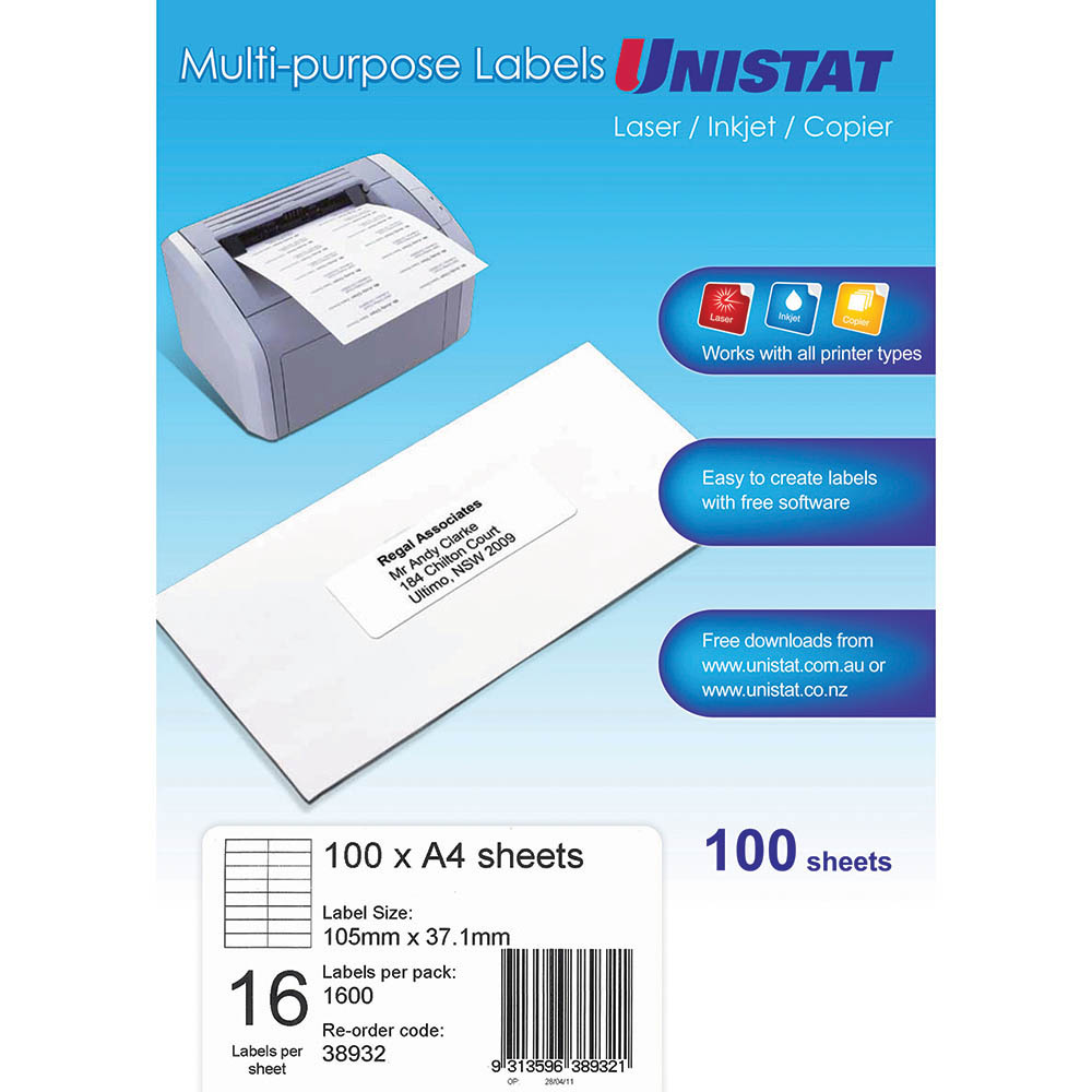 Image for UNISTAT 38932 MULTI-PURPOSE LABEL 16UP 105 X 37MM WHITE PACK 100 from OFFICEPLANET OFFICE PRODUCTS DEPOT