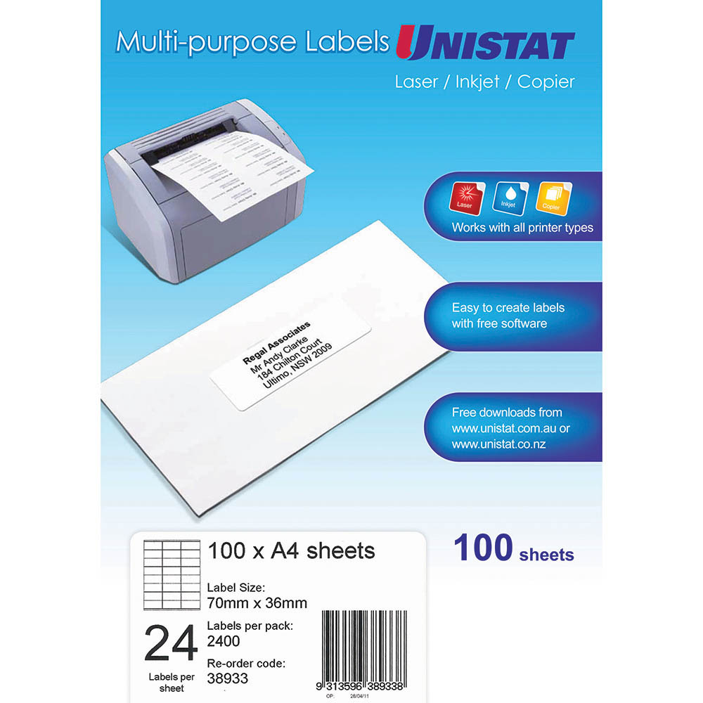 Image for UNISTAT 38933 MULTI-PURPOSE LABELS 24UP 70 X 36MM WHITE PACK 100 from Total Supplies Pty Ltd