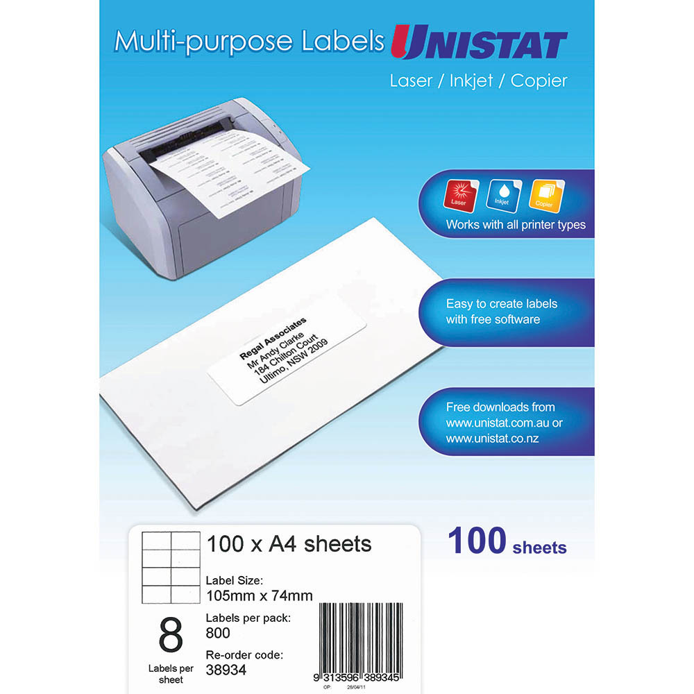 Image for UNISTAT 38934 MULTI-PURPOSE LABEL 8UP 105 X 74MM WHITE PACK 100 from Total Supplies Pty Ltd
