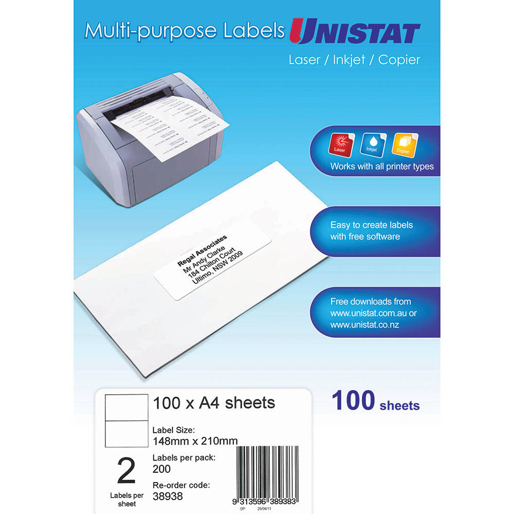 Image for UNISTAT 38938 MULTI-PURPOSE LABEL 2UP 148 X 210MM WHITE PACK 100 from Total Supplies Pty Ltd