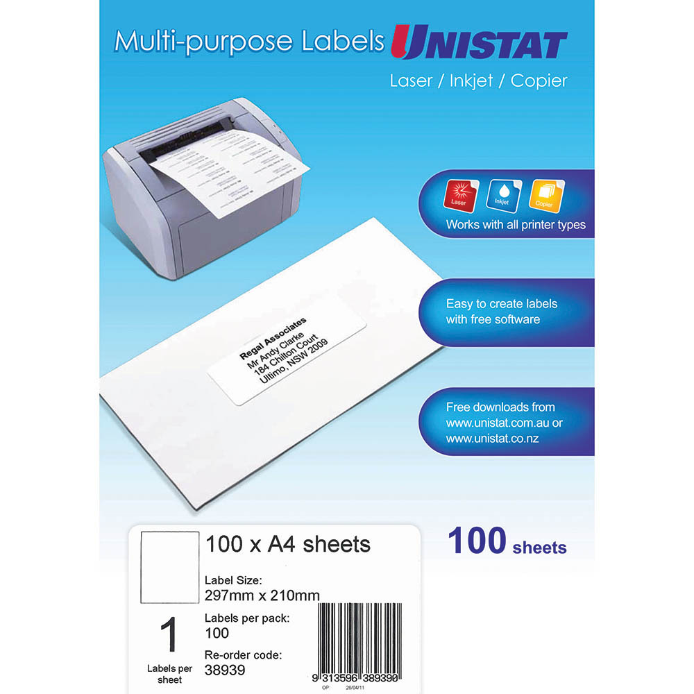 Image for UNISTAT 38939 MULTI-PURPOSE LABEL 1UP 297 X 210MM WHITE PACK 100 from MOE Office Products Depot Mackay & Whitsundays