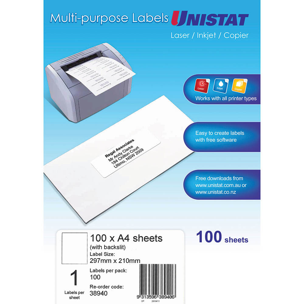 Image for UNISTAT 38940 MULTI-PURPOSE LABEL 1UP 297 X 210MM WHITE PACK 100 from Total Supplies Pty Ltd