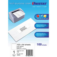 unistat 38940 multi-purpose label 1up 297 x 210mm white pack 100