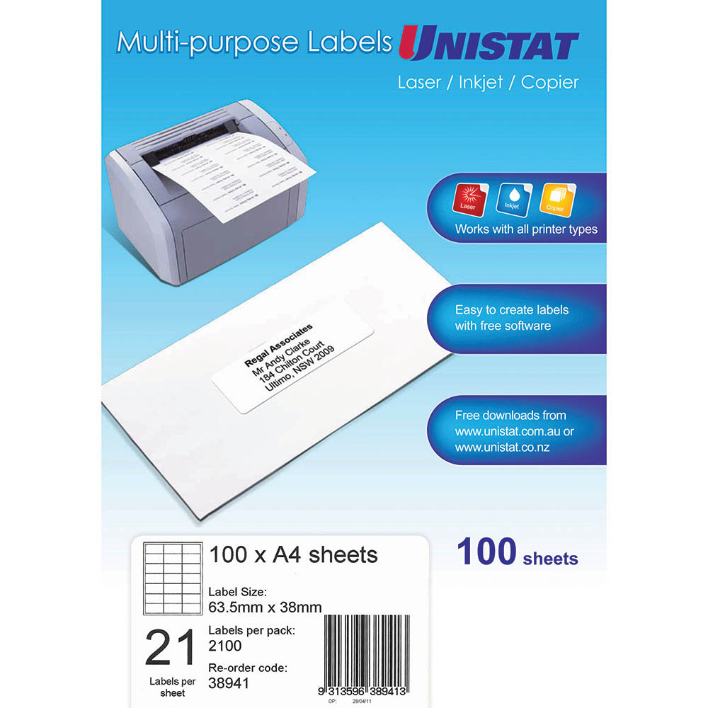 Image for UNISTAT 38941 MULTI-PURPOSE LABEL 21UP 63.5 X 38MM WHITE PACK 100 from MOE Office Products Depot Mackay & Whitsundays