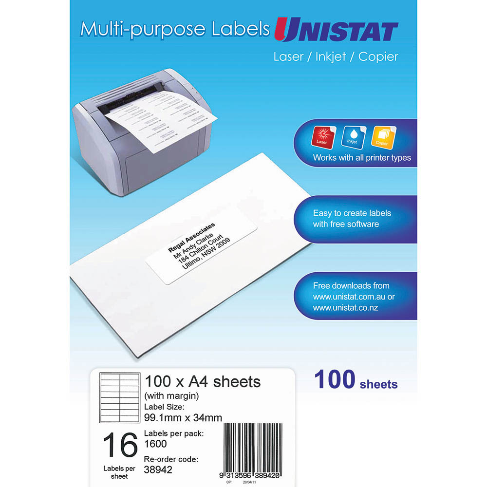 Image for UNISTAT 38942 MULTI-PURPOSE LABEL 16UP 99 X 34MM WHITE PACK 100 from Office Products Depot