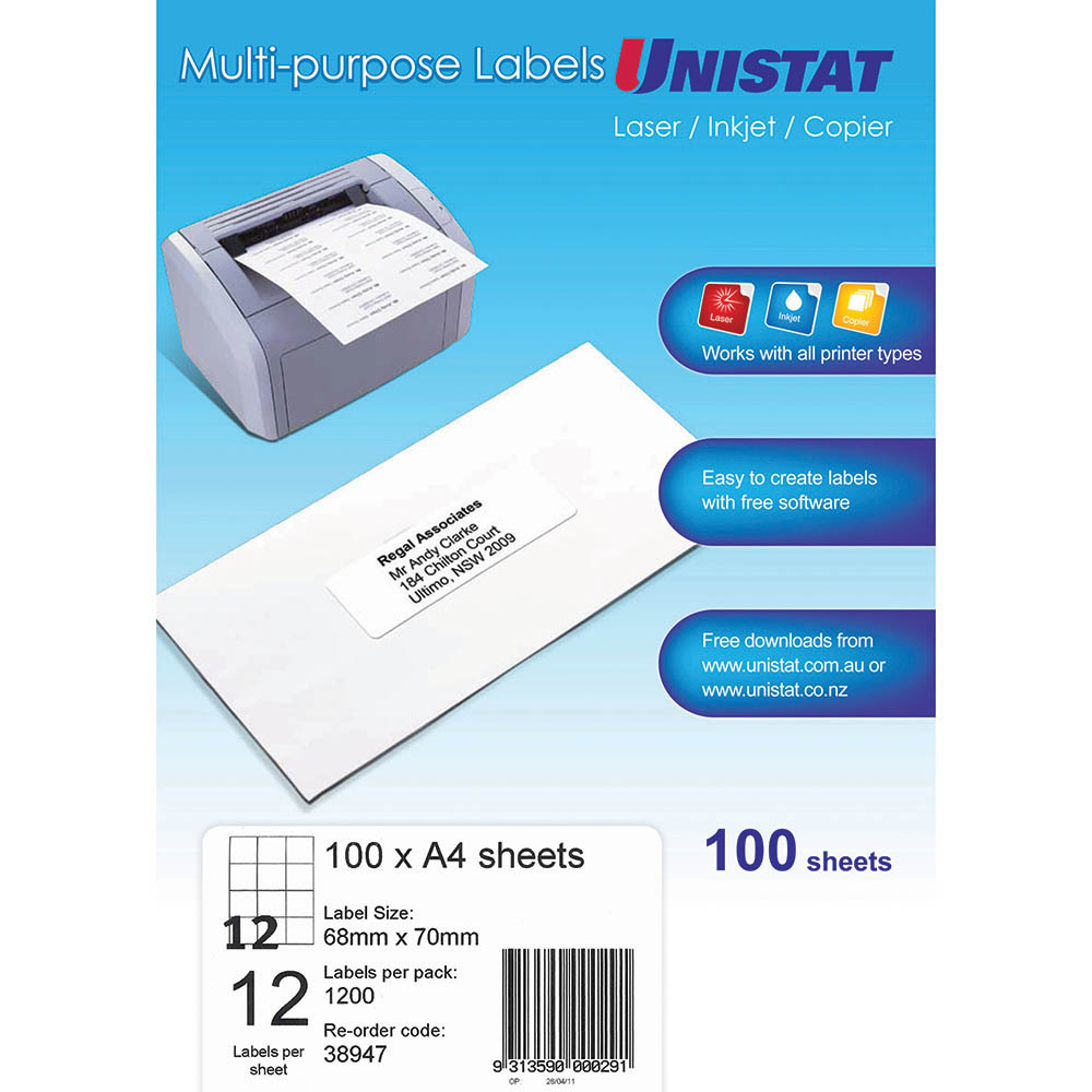 Image for UNISTAT 38947 MULTI-PURPOSE LABEL 12UP 68 X 70MM WHITE PACK 100 from MOE Office Products Depot Mackay & Whitsundays