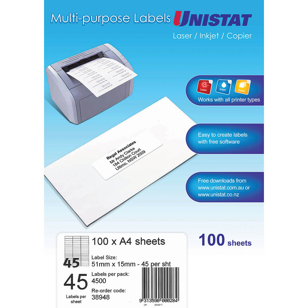 Image for UNISTAT 38948 MULTI-PURPOSE LABEL 45UP 51 X 15MM WHITE PACK 100 from MOE Office Products Depot Mackay & Whitsundays