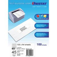 unistat 38948 multi-purpose label 45up 51 x 15mm white pack 100