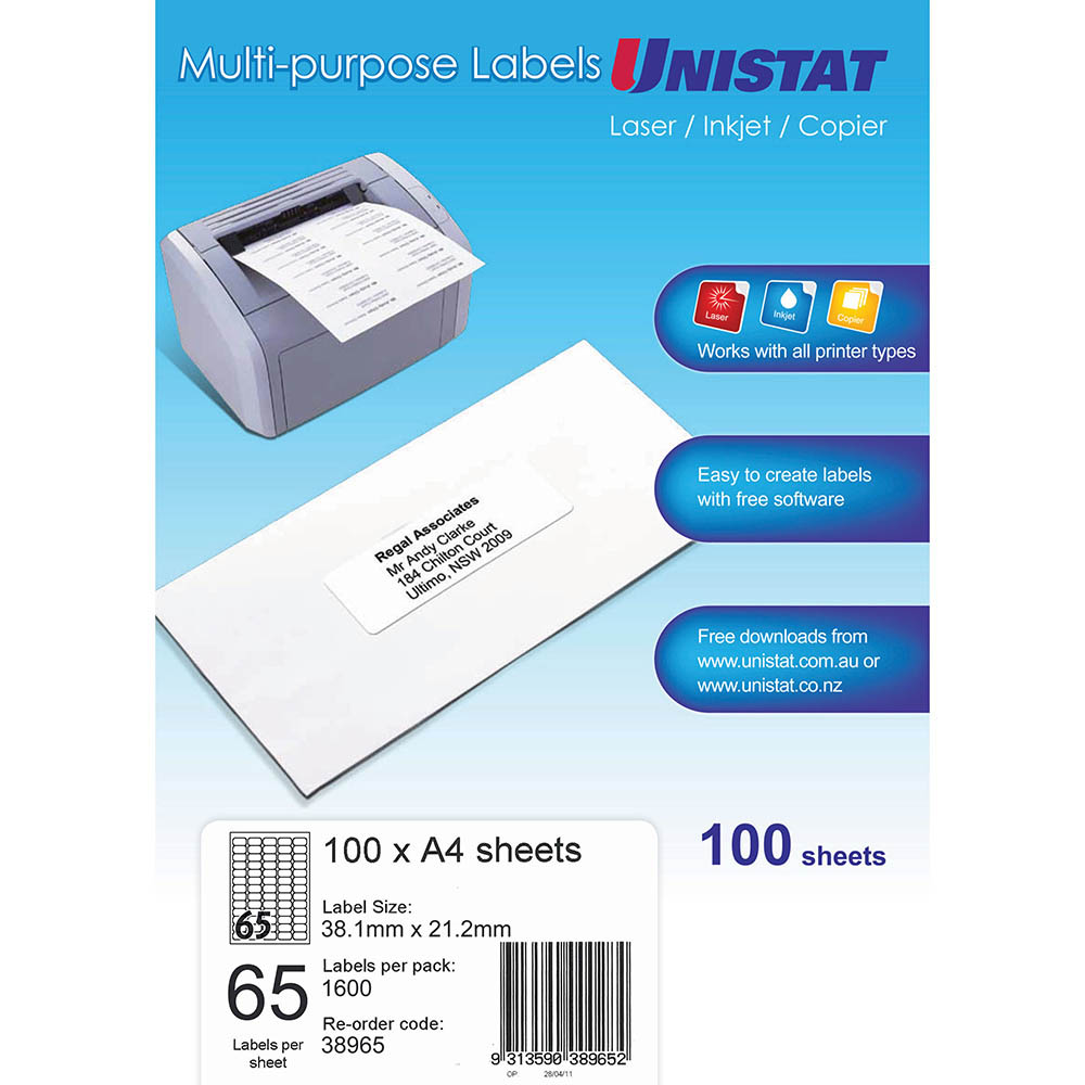 Image for UNISTAT 38965 MULTI-PURPOSE LABEL 65UP 38.1 X 21.2MM WHITE PACK 100 from MOE Office Products Depot Mackay & Whitsundays