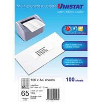 unistat 38965 multi-purpose label 65up 38.1 x 21.2mm white pack 100