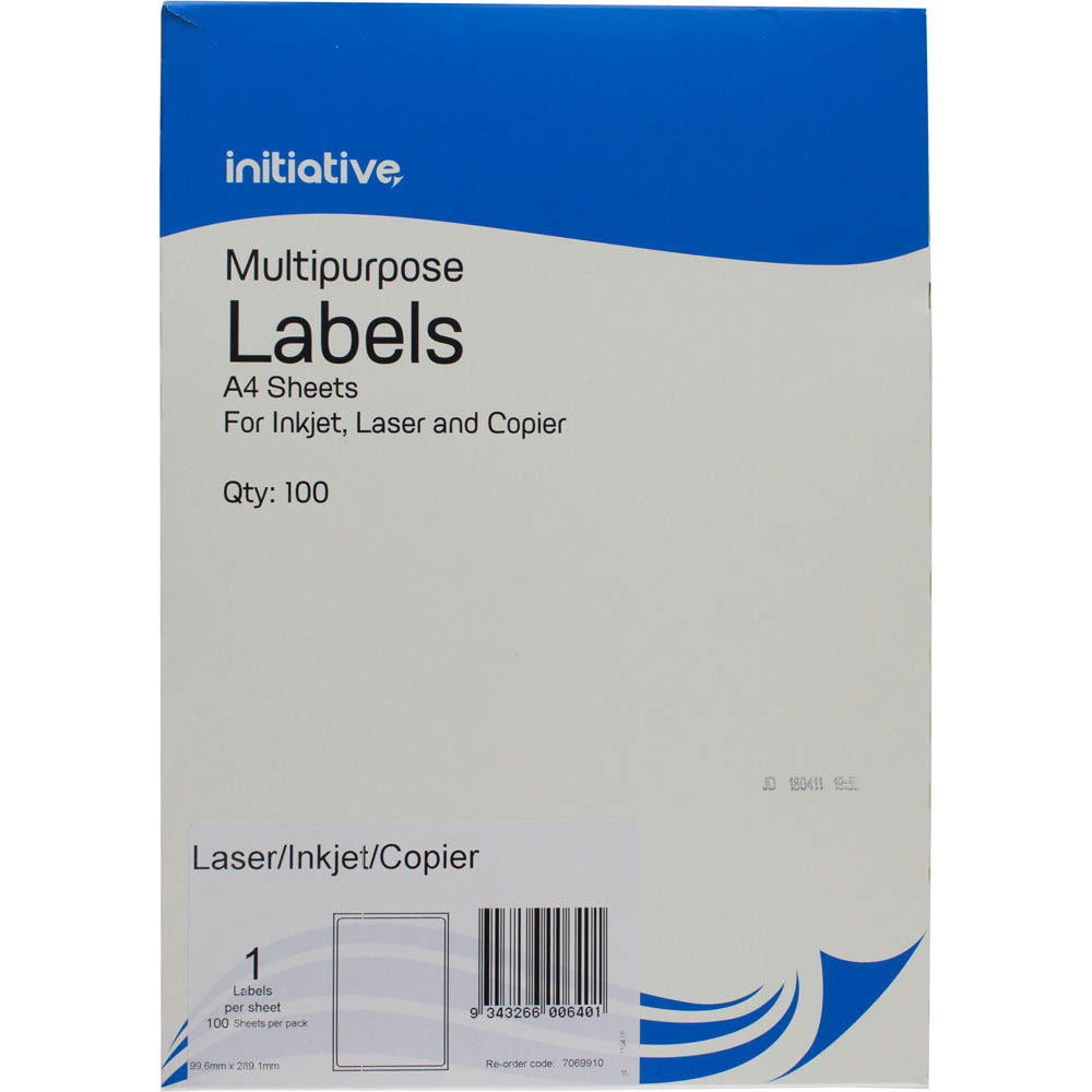 Image for INITIATIVE MULTI-PURPOSE LABELS 1UP 199.6 X 289.1MM PACK 100 from Total Supplies Pty Ltd