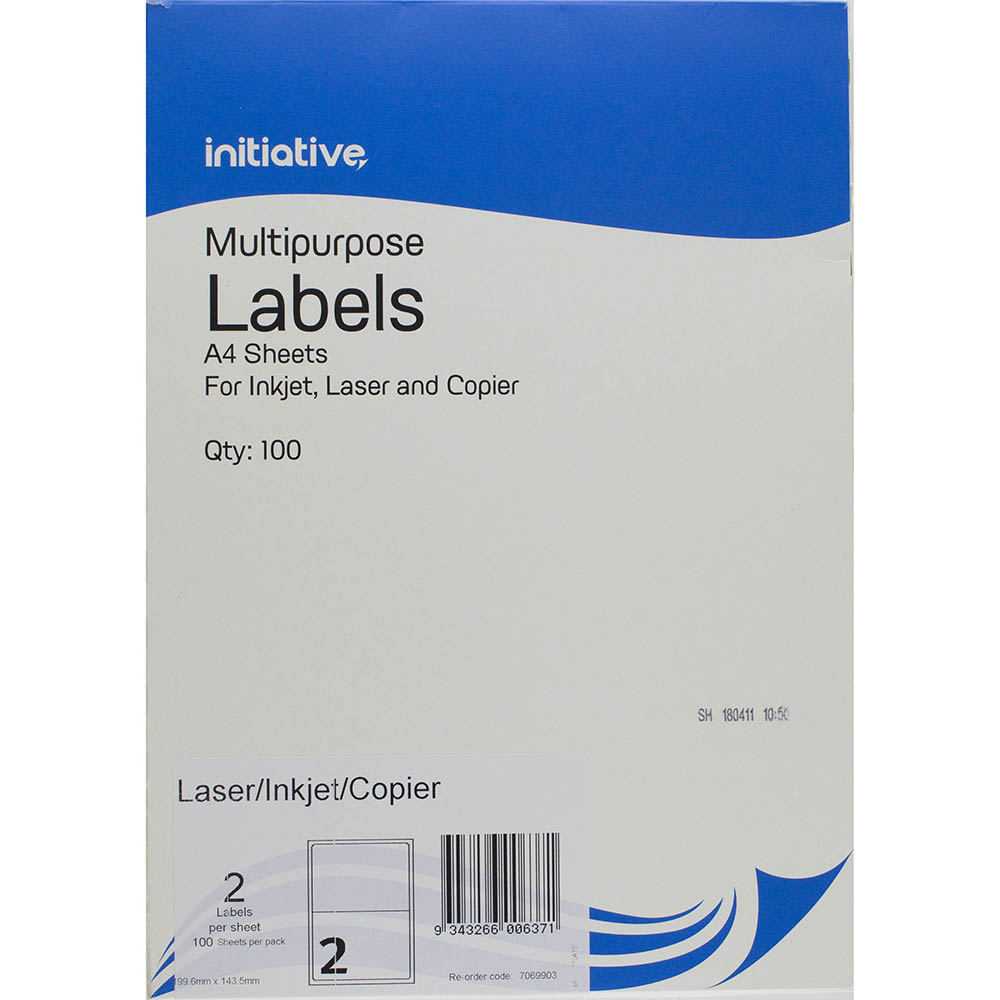 Image for INITIATIVE MULTI-PURPOSE LABELS 2UP 199.6 X 143.5MM PACK 100 from Office Products Depot
