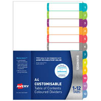 avery 922005 l7411-12 customisable table of contents coloured divider 1-12 tab a4