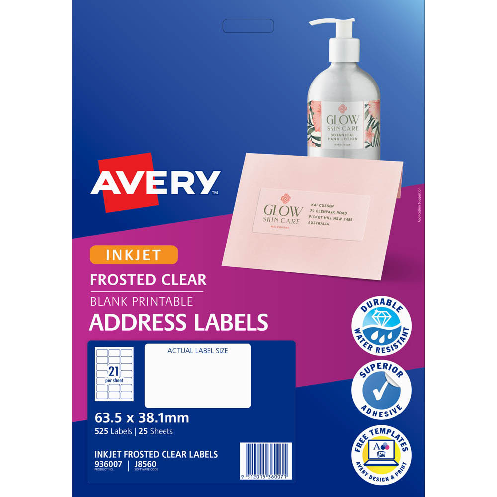 Image for AVERY 936007 J8560 INKJET LABEL 21UP CLEAR WITH MATT FINSH PACK 25 from Australian Stationery Supplies Office Products Dep