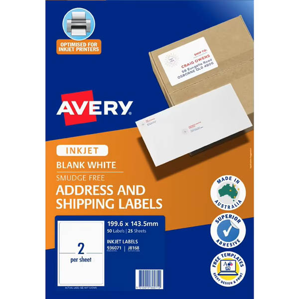Image for AVERY 936071 J8168 ADDRESS AND SHIPPING LABEL SMUDGE FREE INKJET 2UP WHITE PACK 25 from Office Products Depot Gold Coast