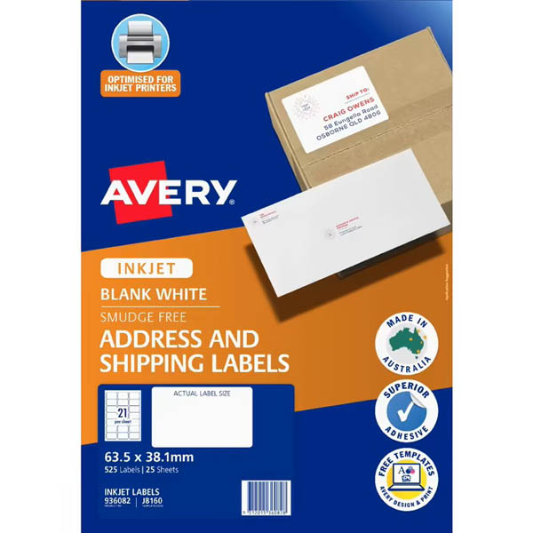 Image for AVERY 936032 J8160 QUICK PEEL ADDRESS LABEL WITH SURE FEED INKJET 21UP WHITE PACK 25 from Office Products Depot
