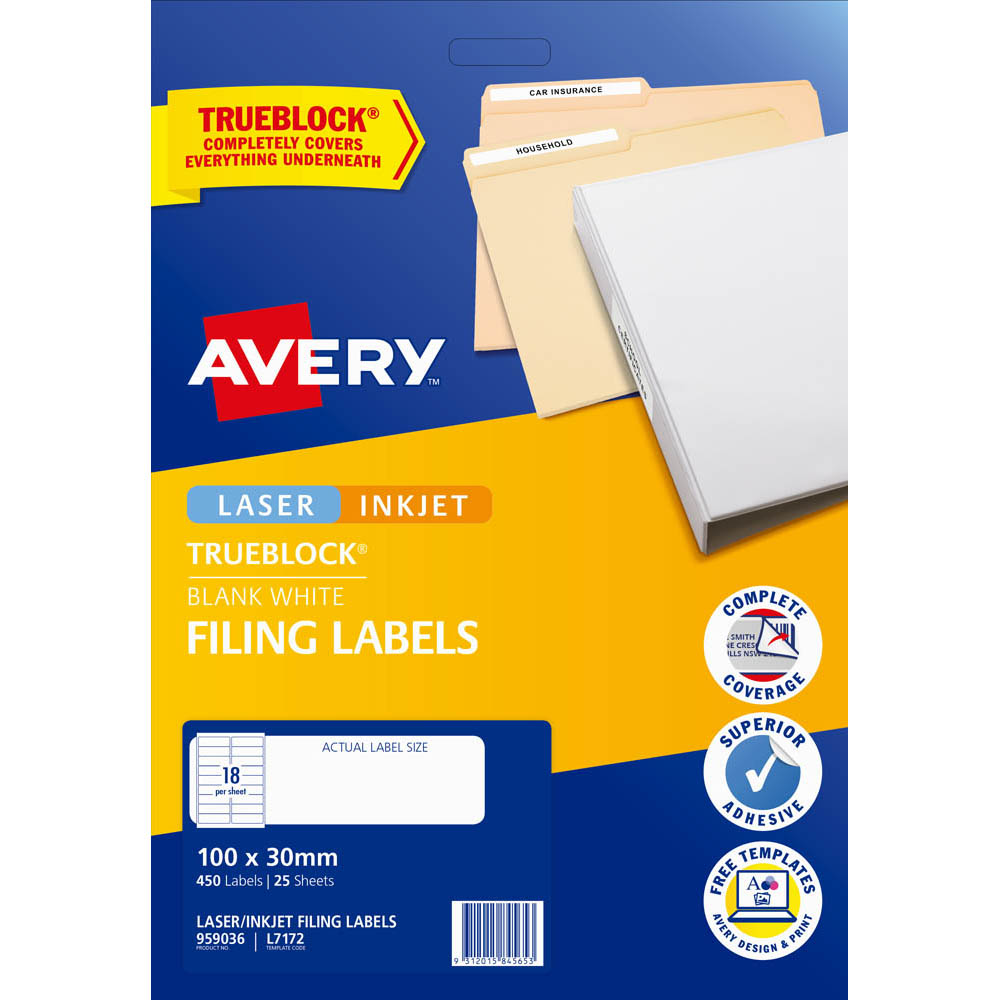 Image for AVERY 959036 L7172 TRUEBLOCK FILING LABELS LASER/INKJET 18UP WHITE PACK 25 from Australian Stationery Supplies Office Products Dep