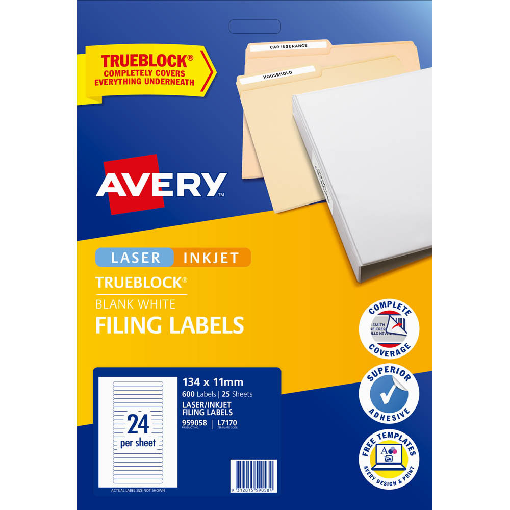 Image for AVERY 959058 L7170 TRUEBLOCK FILING LABELS LASER/INKJET 24UP WHITE PACK 25 from Australian Stationery Supplies Office Products Dep