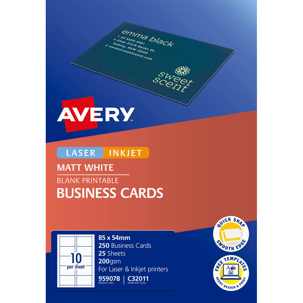 Image for AVERY 959078 C32011 QUICK CLEAN BUSINESS CARD 200GSM 85 X 54MM WHITE PACK 250 from Office Products Depot