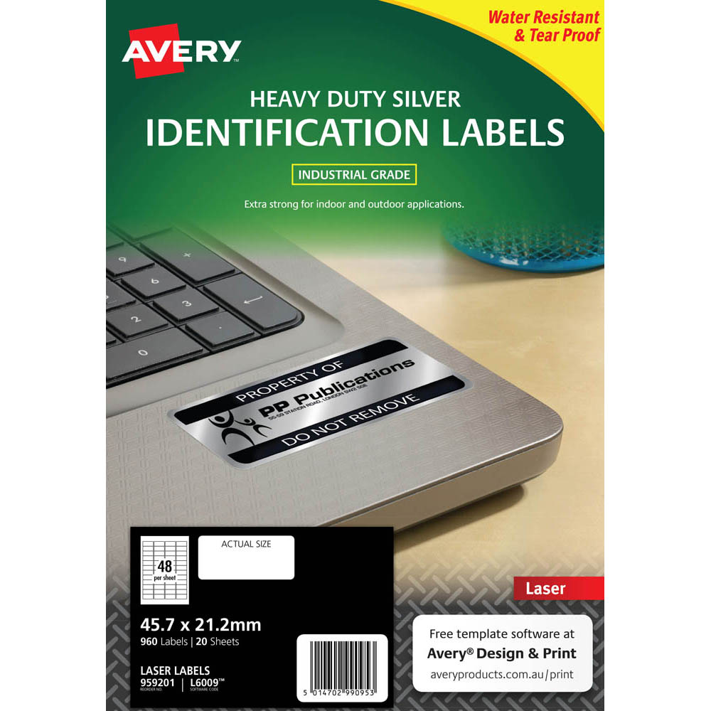 Image for AVERY 959201 L6009 HEAVY DUTY LASER LABELS 48UP SILVER PACK 20 from Australian Stationery Supplies Office Products Dep