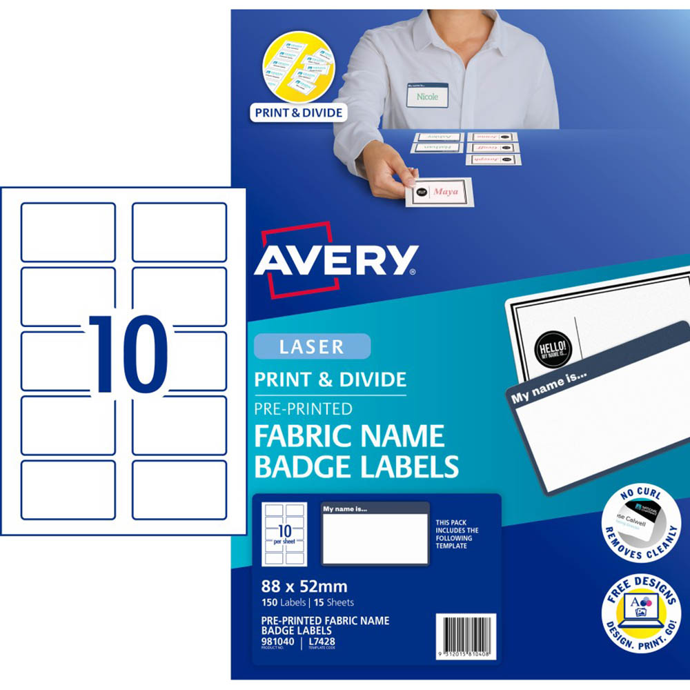 Image for AVERY L7428 FABRIC NAME BADGE LABELS 88 X 52MM PACK 15 from Albany Office Products Depot