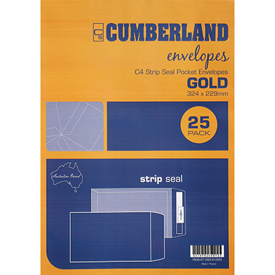 Image for CUMBERLAND C4 ENVELOPES POCKET PLAINFACE STRIP SEAL 85GSM 324 X 229MM GOLD PACK 25 from Albany Office Products Depot
