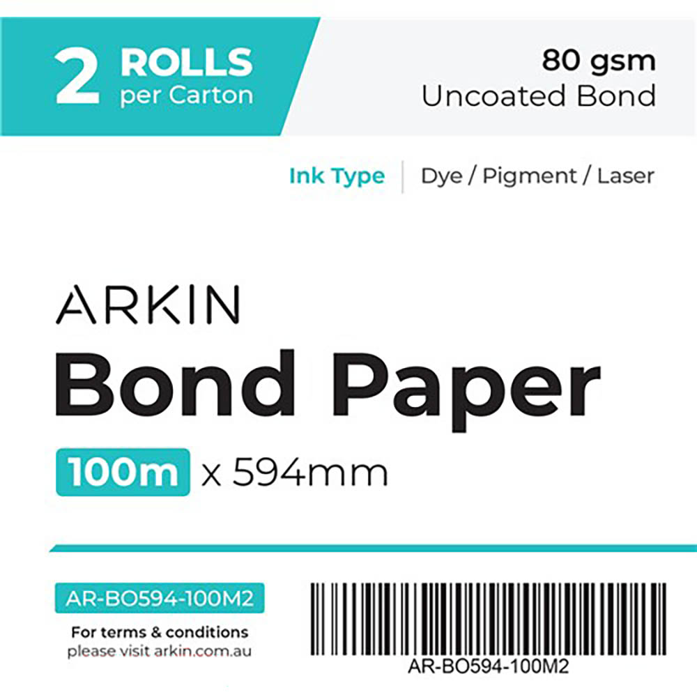 Image for ARKIN BOND PAPER 80GSM 100M X 594MM 2 ROLLS from Total Supplies Pty Ltd