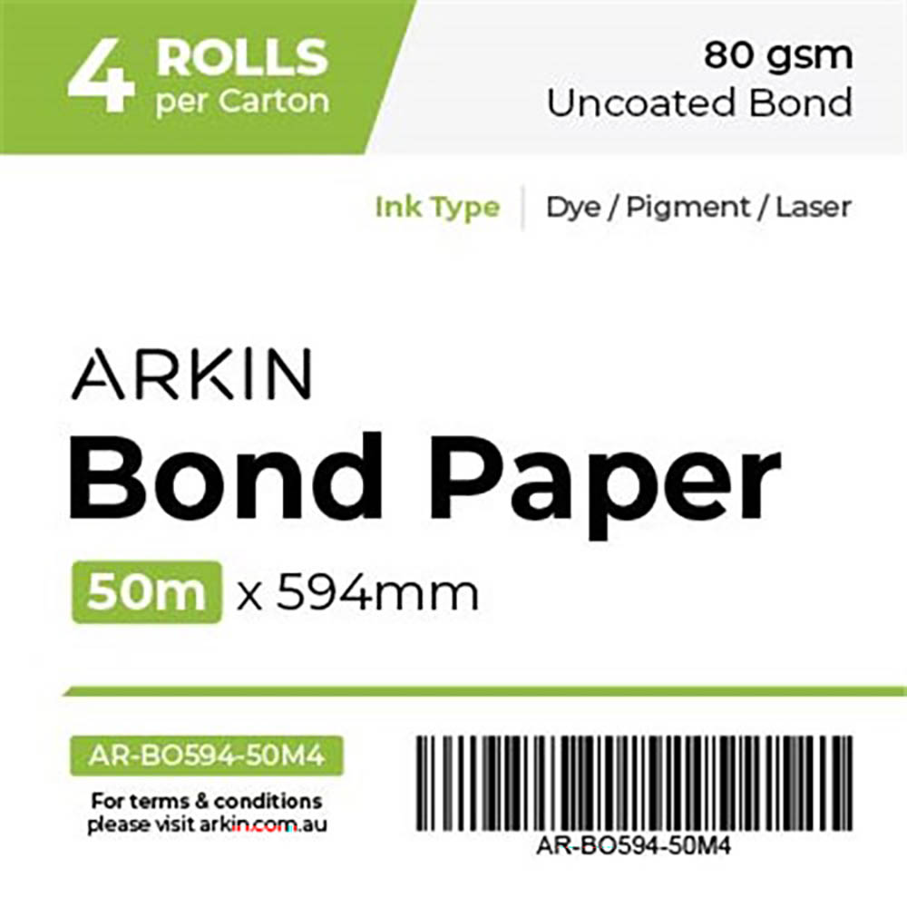 Image for ARKIN BOND PAPER 80GSM 50M X 594MM 4 ROLLS from Ross Office Supplies Office Products Depot