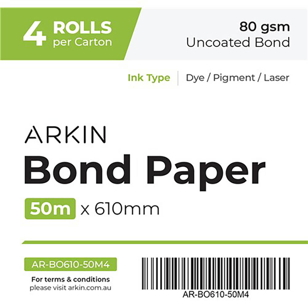 Image for ARKIN BOND PAPER 80GSM 50M X 610MM 4 ROLLS from Total Supplies Pty Ltd
